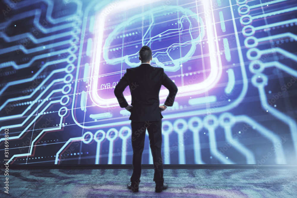 Poster man and brain icon hologram. double exposure. concept of data development