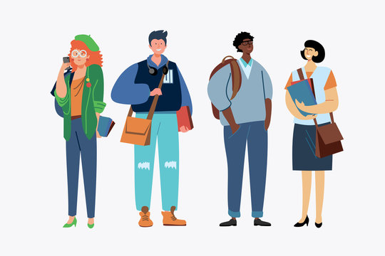 Young people standing set. Students, learning, books flat vector illustration. Education and youth concept for banner, website design or landing web page