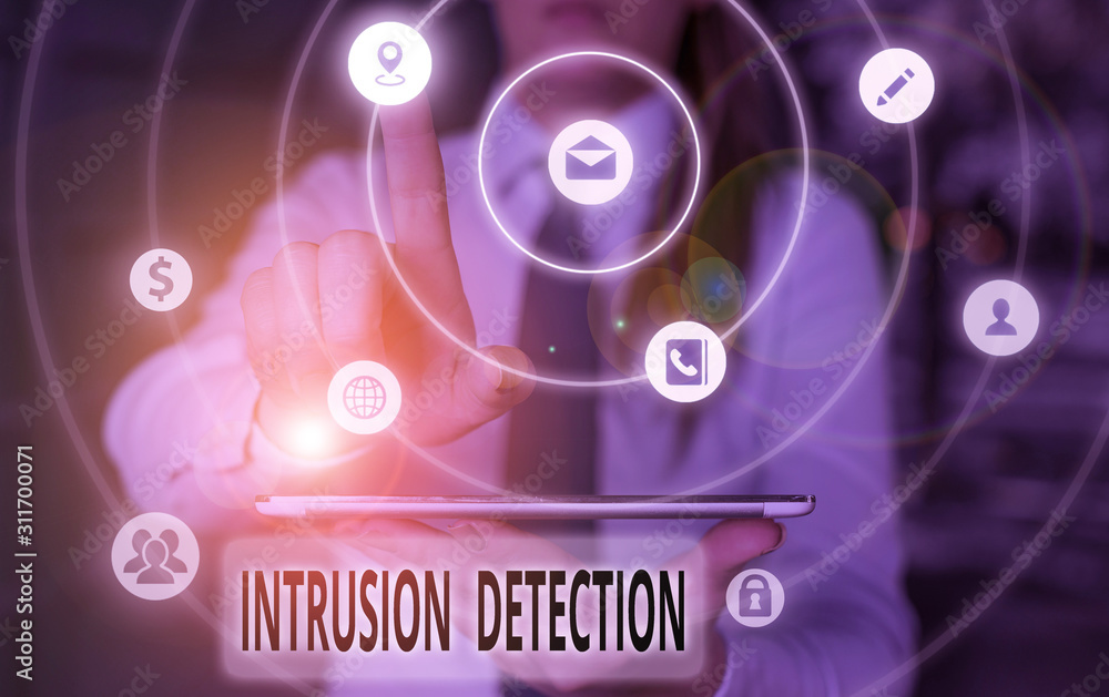 Poster text sign showing intrusion detection. business photo showcasing monitors a network or systems for m