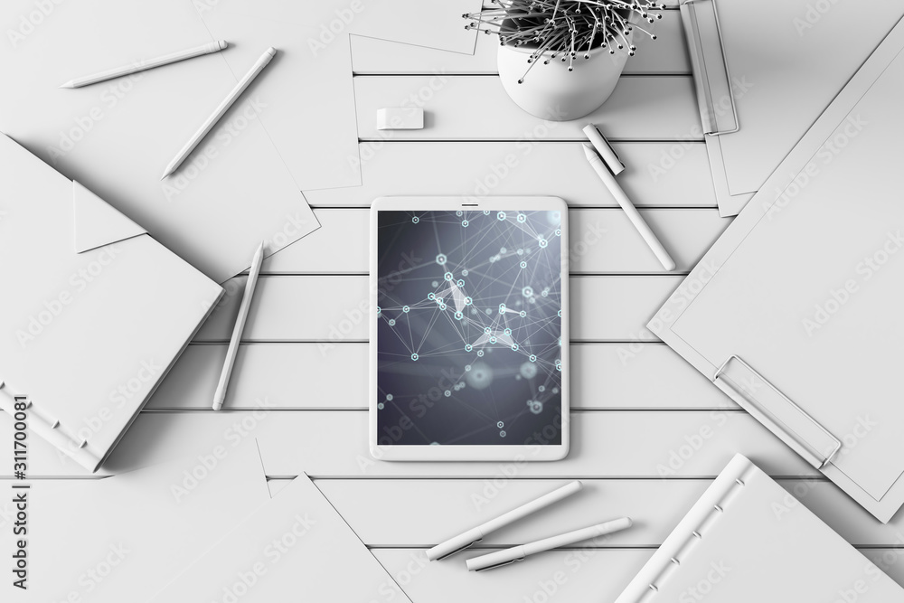 Aufkleber digital tablet closeup top view with tech pic on screen. online technology concept. 3d rendering.