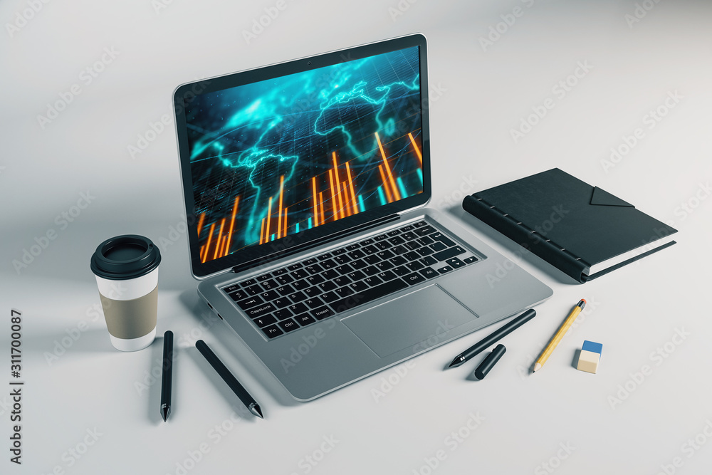Aufkleber laptop closeup with forex graph and world map on computer screen. financial trading and education co