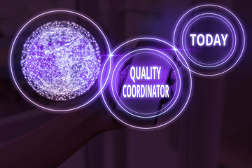 Text sign showing Quality Coordinator. Business photo text monitor and improve the quality of...