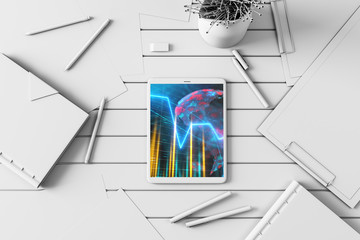 Digital tablet closeup top view with financial graph and partial world map on screen. Online international trading application concept. 3d rendering.