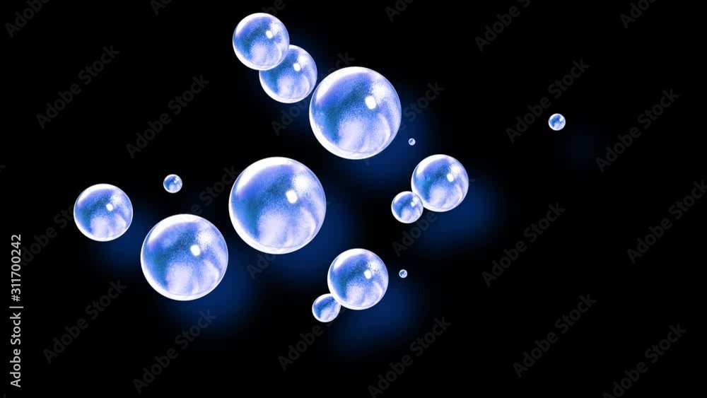 Poster amasing abstract background of metaballs as if glass drops or spheres filled with blue sparkles merg