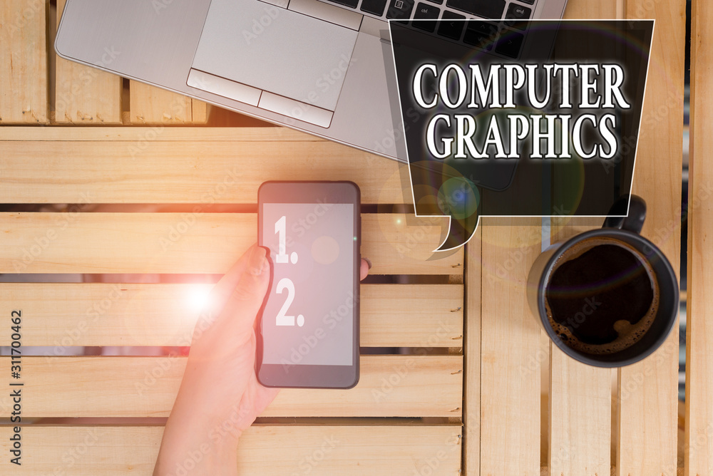 Poster handwriting text computer graphics. conceptual photo visual representations of data displayed on a m
