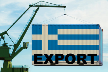 port crane holding a container with the Greek flag, the concept of shipping from Greece around the world by sea, distribution of goods in a global business