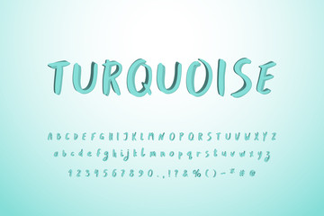 Paintbrush vector Typeface. Turquoise blue green colors. Uppercase and lowercase alphabet letters, numbers. Original 3D font for modern design. Gradient cyan color background