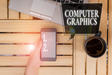 Handwriting text Computer Graphics. Conceptual photo visual representations of data displayed on a monitor woman computer smartphone drink mug office supplies technological devices