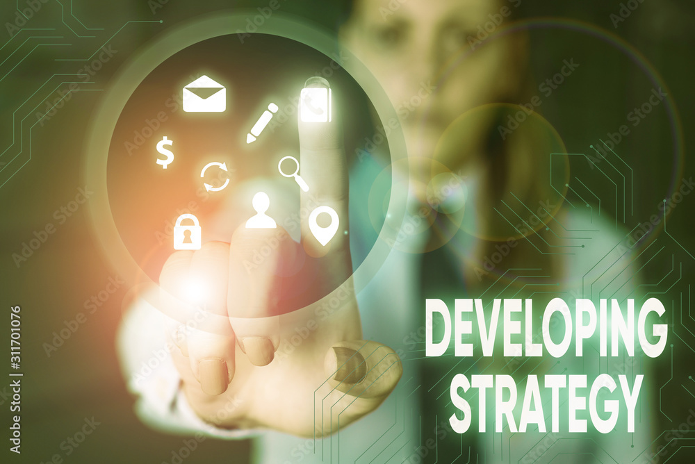 Poster conceptual hand writing showing developing strategy. concept meaning game plan that sets specific go