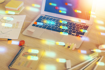 Double exposure of computer and technology theme hud. Concept of innovation.