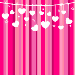 Hanging white heart on pink background. Happy Valentine’s Day celebration concept vector illustration.