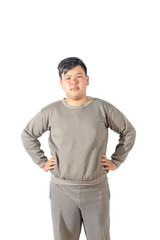 Portrait of fatty boy with two hands on waist and looking isolated on white background