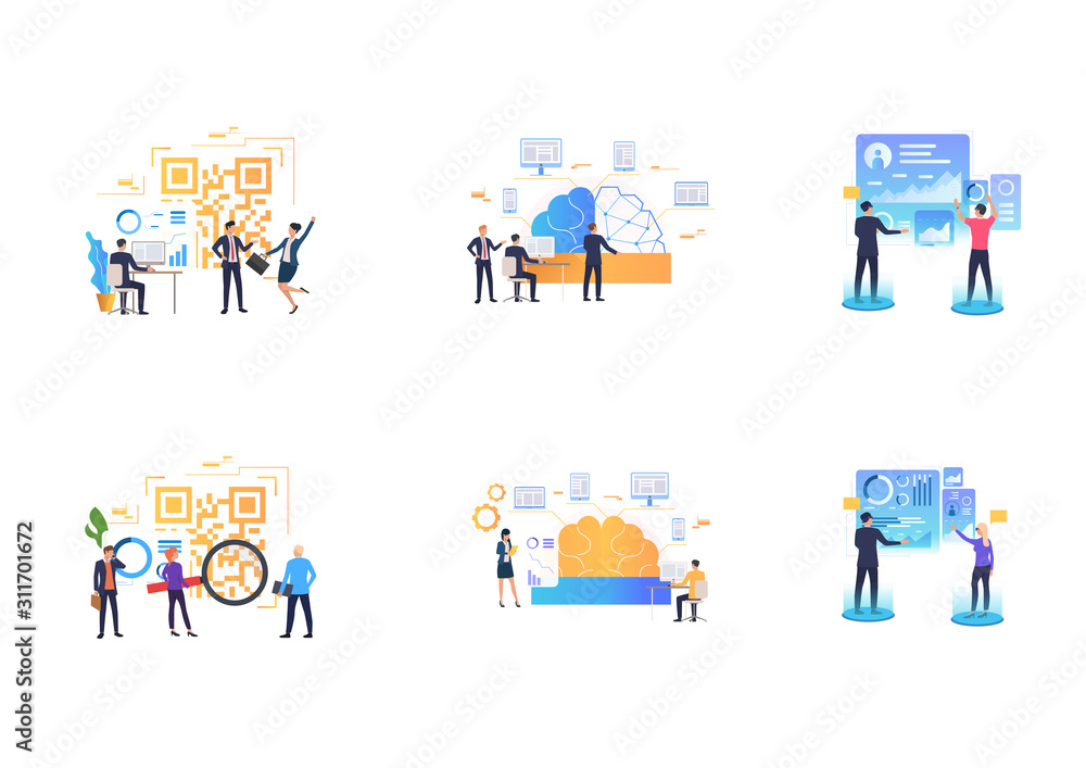 Poster set of people analyzing graphs and qr code. flat vector illustrations of development, teamwork, scan