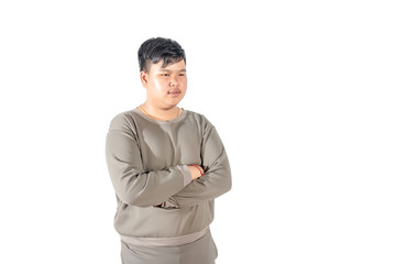 Portrait of fatty boy with hands folded isolated on white background