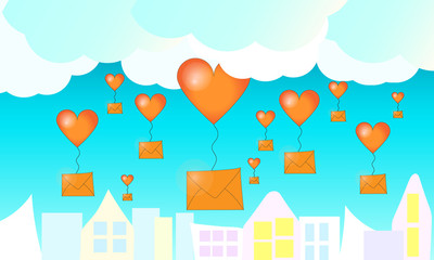Saint Valentines day with balloons in shape of hearts. Hearts balloons fly to the sky with letters. Valentine letters.