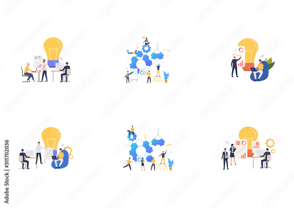 Poster set of business teams working together. flat vector illustrations of workers constructing mechanism,