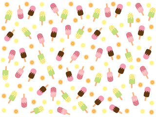 Seamless cute ice cream stick pastel tone with tropical fruits (Orange ,Lemon) pattern on white background design for backdrop ,wallpaper ,poster ,postcard and cover book.Summer concept.Vector.