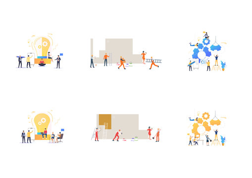 Set of various teams working together. Flat vector illustrations of workers constructing mechanism, painting wall. Construction, teamwork concept for banner, website design or landing web page