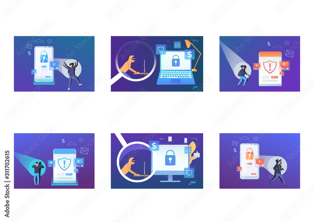 Aufkleber set of cyber criminal hacking into digital devices. flat vector illustrations of hackers breaking pr