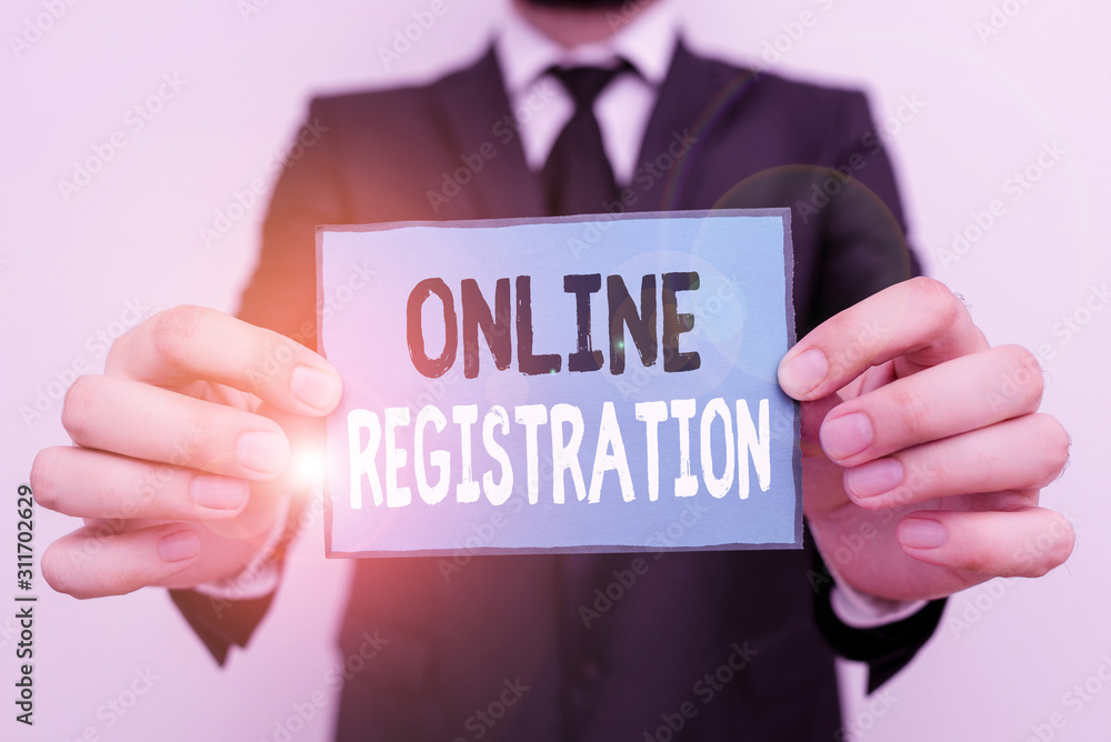 Poster writing note showing online registration. business concept for registering via the internet as a use
