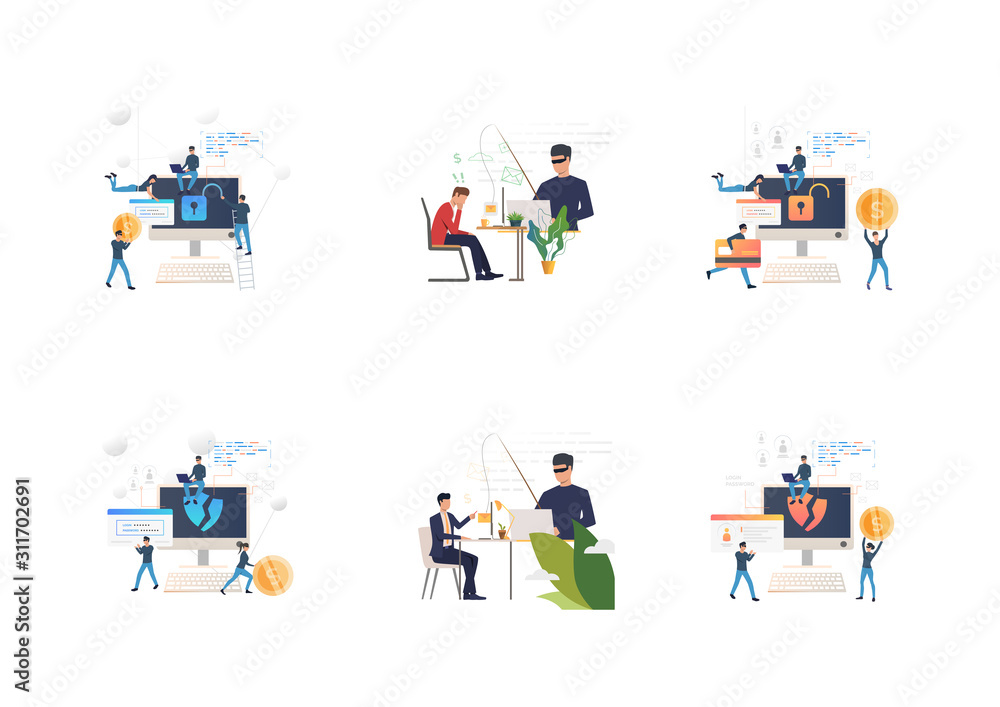 Poster set of people hacking data. flat vector illustrations of hackers breaking private info. hacker attac