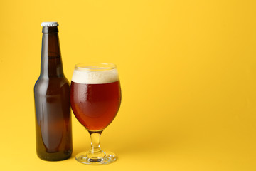 Glass and bottle of fresh beer on color background