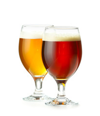 Glasses of fresh beer on white background