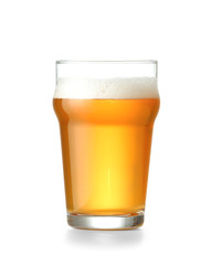 Glass of fresh beer on white background