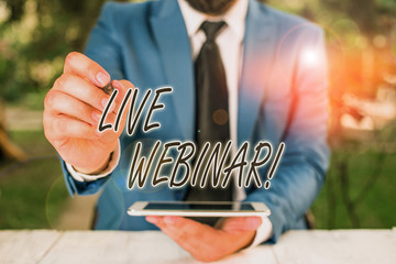 Word writing text Live Webinar. Business photo showcasing presentation lecture or seminar...