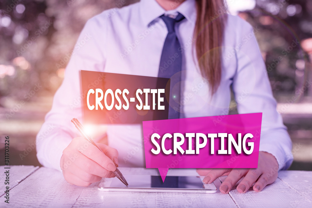 Poster Handwriting text Cross Site Scripting. Conceptual photo Security vulnerability mainly found in web application Female business person sitting by table and holding mobile phone