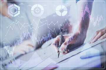 A woman hands writing information about stock market in notepad. Forex chart holograms in front. Concept of research. Double exposure