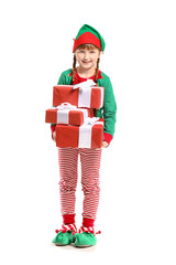 Little girl in costume of elf and with gifts on white background