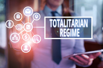 Word writing text Totalitarian Regime. Business photo showcasing mode of government that prohibits...