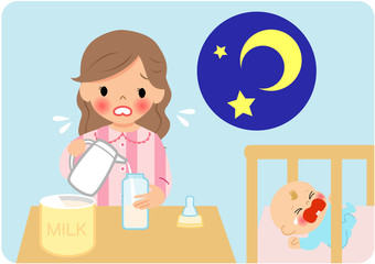 Obraz na płótnie Canvas 夜中ミルクを作る子育てママ