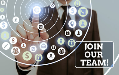 Fototapeta premium Text sign showing Join Our Team. Business photo showcasing invite someone to work together for particular purpose target