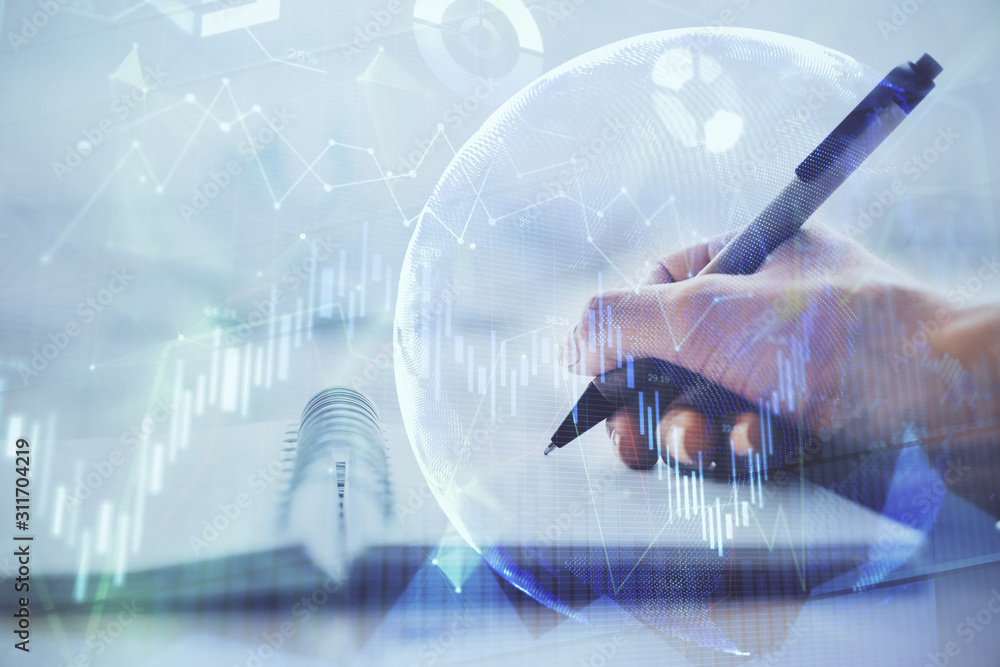 Poster forex graph on hand taking notes background. concept of research. multi exposure