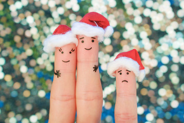 Fingers art of happy couple laughing in New Year hats. Man and woman hugs. Child is angry. Fingers...