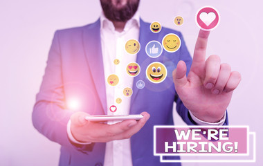 Writing note showing We Re Hiring. Business concept for recently employ someone or pay someone to...