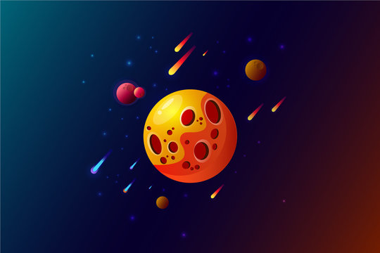Orange planet in blue space with comets and stars. Planetary system in space.