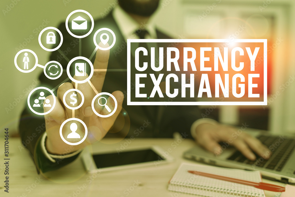 Aufkleber writing note showing currency exchange. business concept for rate at which one currency will be exch