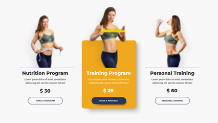 A set of UI / UX templates of vector product cards for a gym or personal trainer.