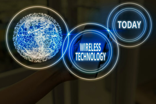 Text sign showing Wireless Technology. Business photo text a technology that allows wireless communication Elements of this image furnished by NASA