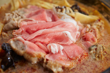 Pork in Korean kimchi and seafood hot pot 