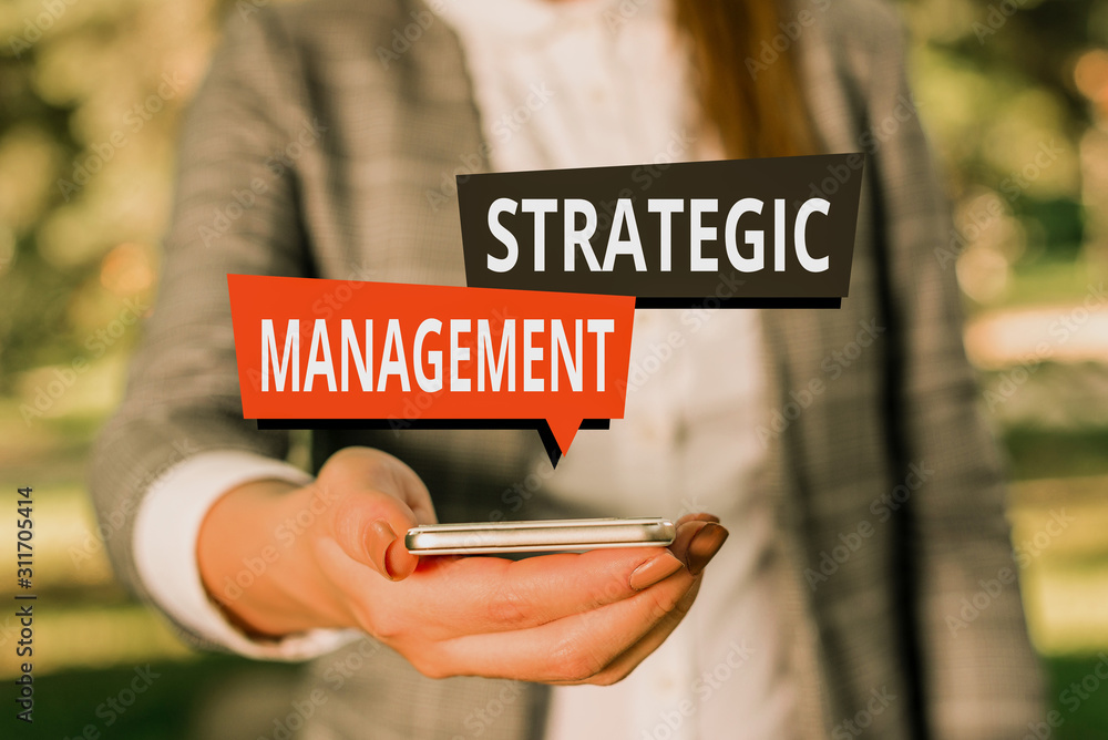 Poster text sign showing strategic management. business photo showcasing formulation and implementation of 