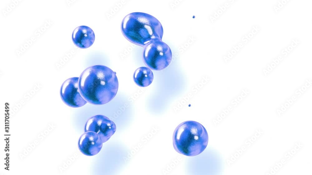 Poster amasing abstract background of metaballs as if glass drops or spheres filled with blue sparkles merg