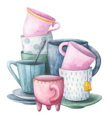 Composition of cups, watercolor illustration in pastel colors. A mountain of crockery isolated on a white background. Cute pink and blue print.