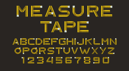 Measure tape font, type isolated on black background. Alphabet from yellow ruler. Vector font with letters and numbers for concept design of school education, architecture or fitness