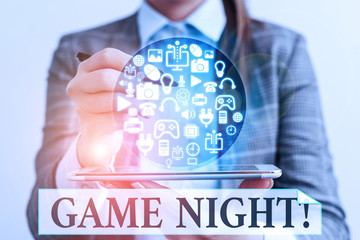 Word writing text Game Night. Business photo showcasing usually its called on adult play dates like...