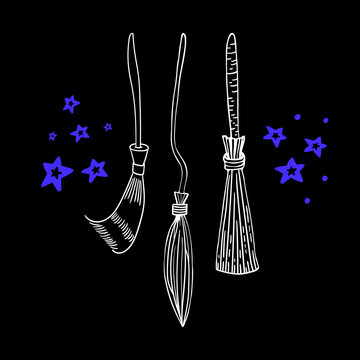 Halloween doodle witch broomstick and broom. Spooky and fun hand drawn icon elements for halloween decorations and sticker. EPS 8