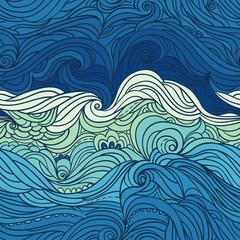 Seamless waves pattern. Abstract water background with curly hand-drawn lines. Blue tide vector backdrop. Sea and ocean theme. Eps 8
